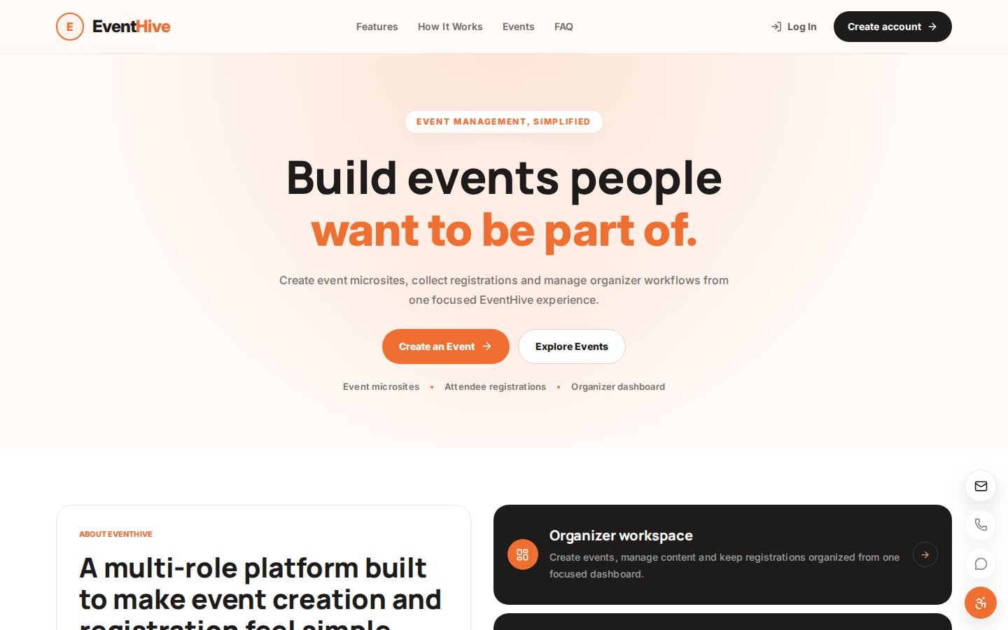 EventHive Event Management Platform with organizer tools and administrative views